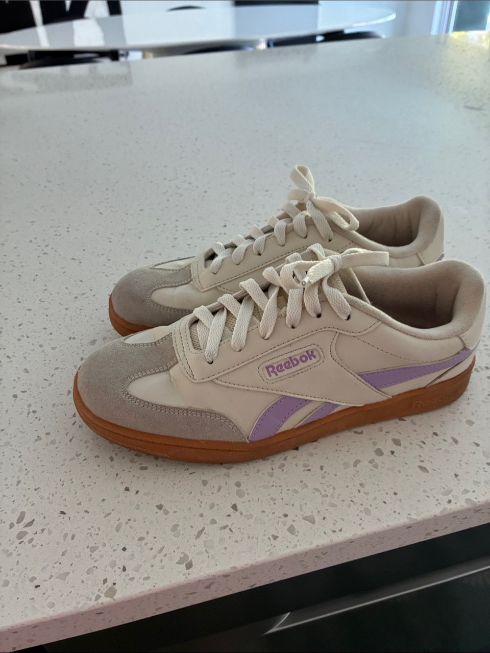 Reebok Women's Cream Sneakers with Lilac Accents and Gum Sole